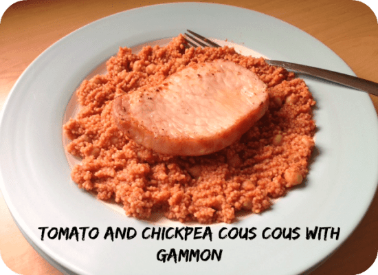 tomato and chickpea cous cous with gammon