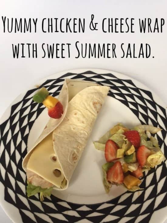 Yummy chicken and cheese wrap with a sweet Summer salad....