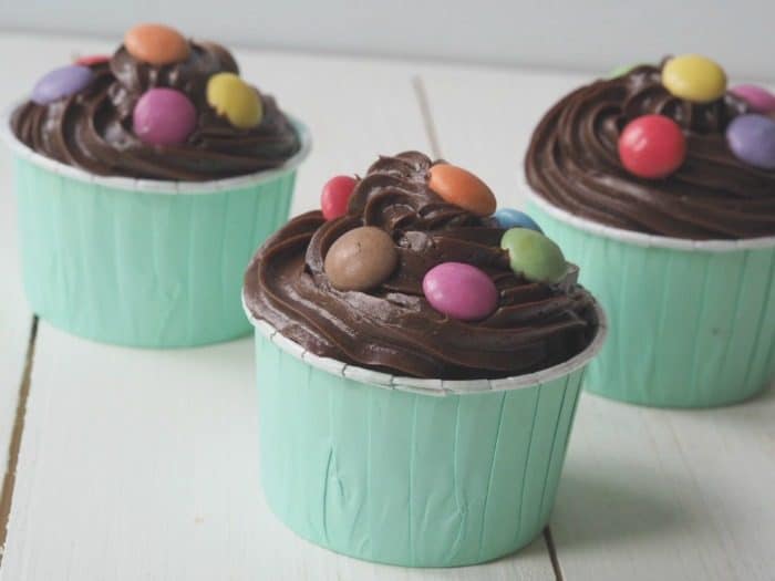 Chocolate Smarties Pinata Cupcakes.