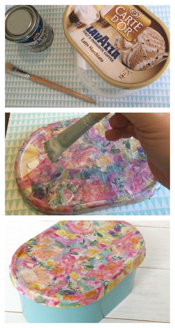 How to upcycle an empty ice cream carton into a pretty gift or storage box....