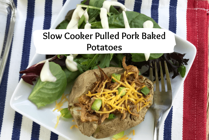 Slow cooker Pulled Pork Baked potatoes are an amazing way to use up leftovers pulled pork. It's a great family meal on a budget! #budget #mealplanning #familymeals #mealsonabudget