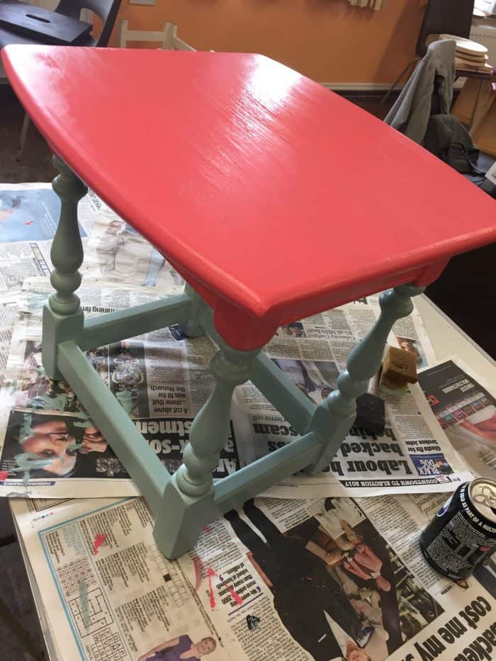 The almost finished upcycled table made using milk paints